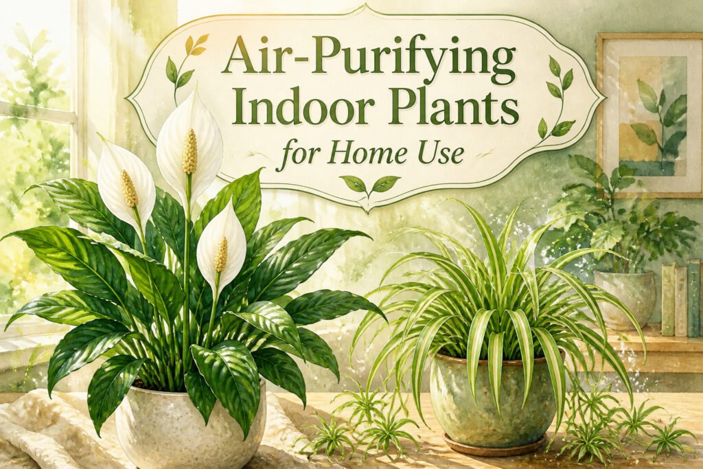 Various air-purifying indoor plants displayed in bright light.