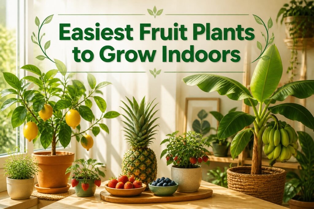 Various fruit plants suitable for indoor growth, displayed together.