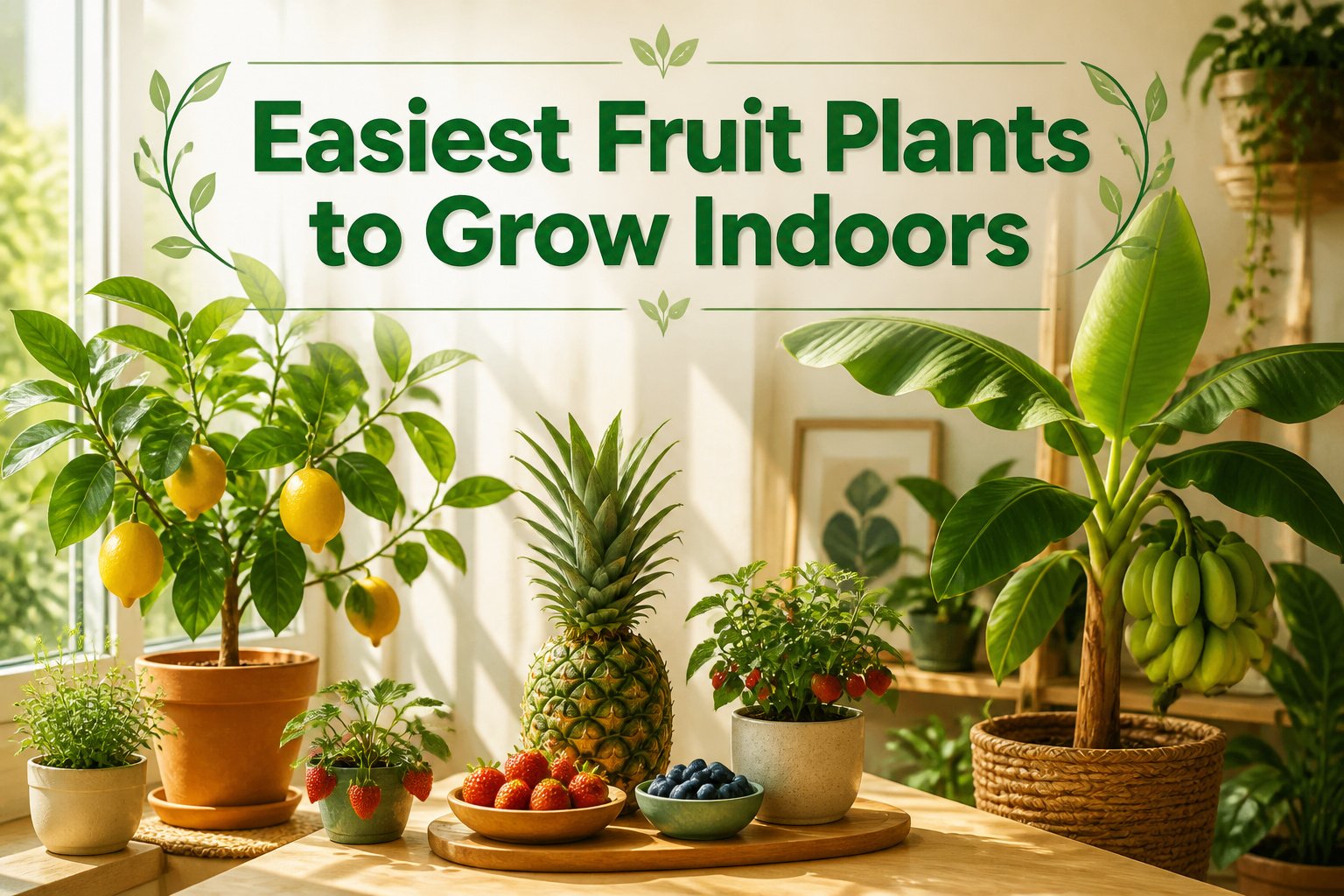 Various fruit plants suitable for indoor growth, displayed together.