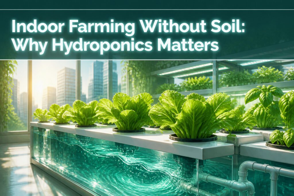 A hydroponic setup with plants growing in nutrient-rich water.