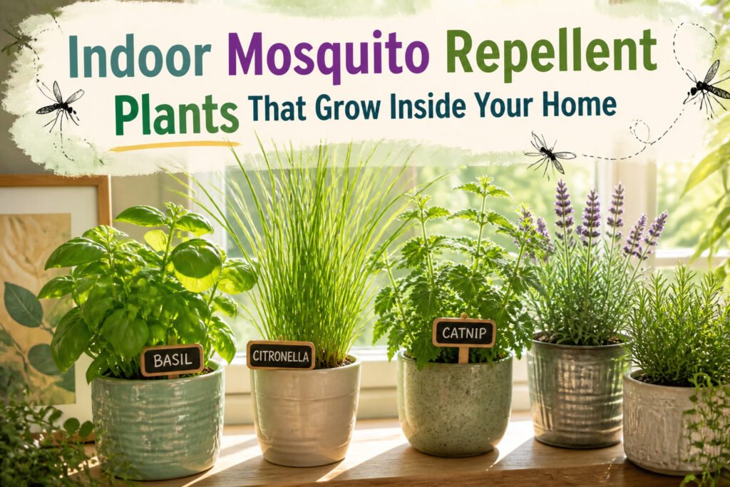 Various indoor plants known for repelling mosquitoes displayed in a sunny space.