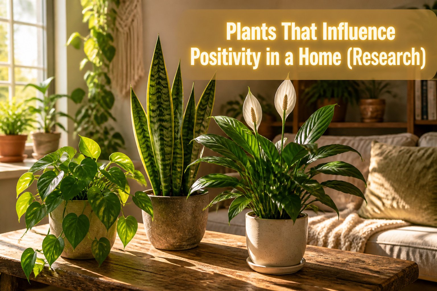 Various indoor plants known for promoting positive energy in homes.
