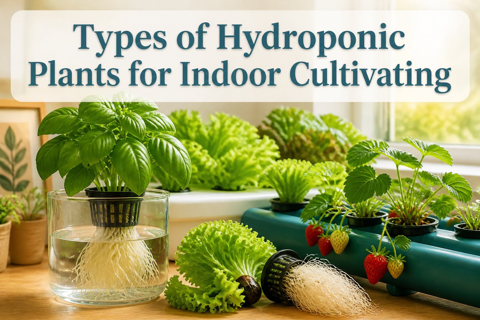 Hydroponic plants growing indoors, showcasing various types and arrangements.