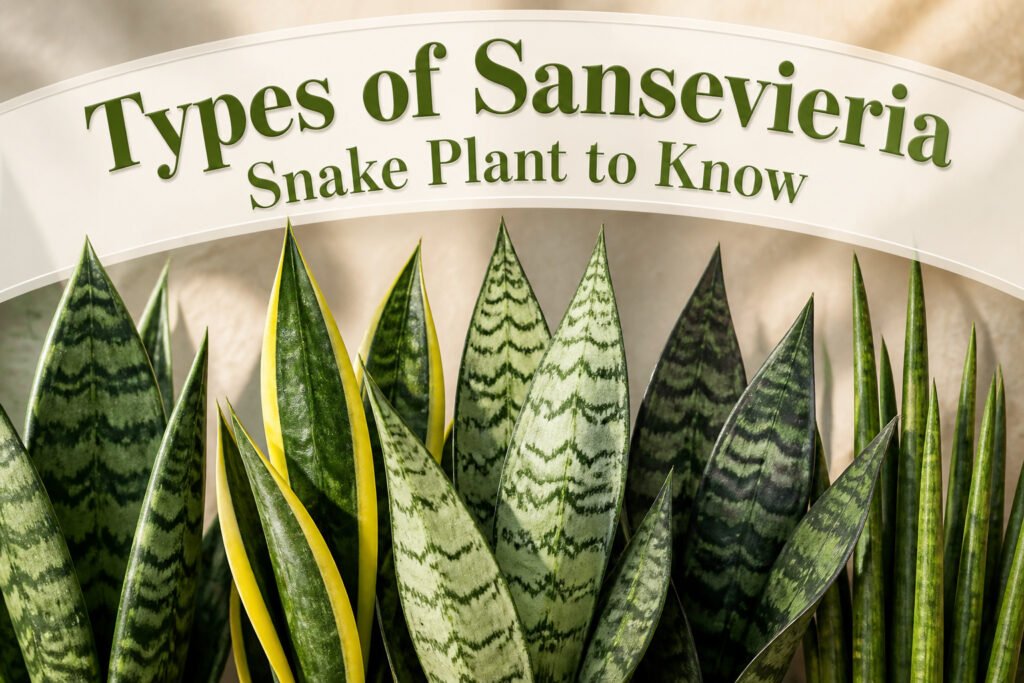 A variety of Sansevieria snake plants displayed in a bright setting.