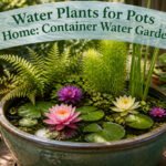A tranquil pot filled with various water plants in a garden setting.