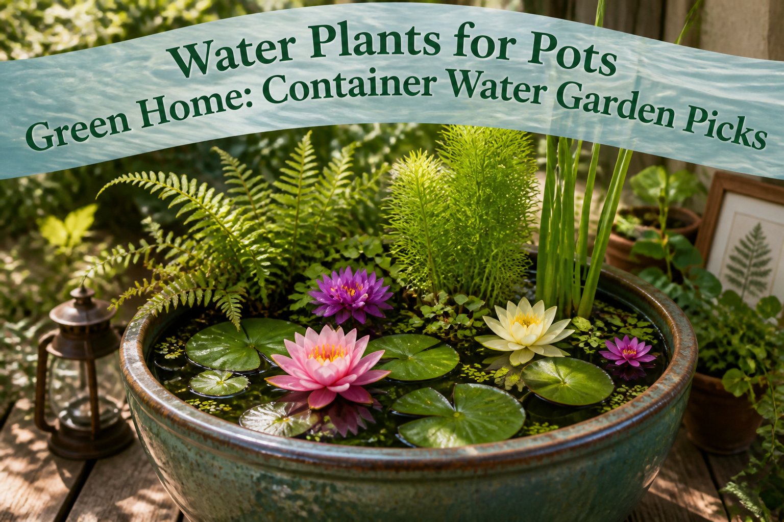 A tranquil pot filled with various water plants in a garden setting.
